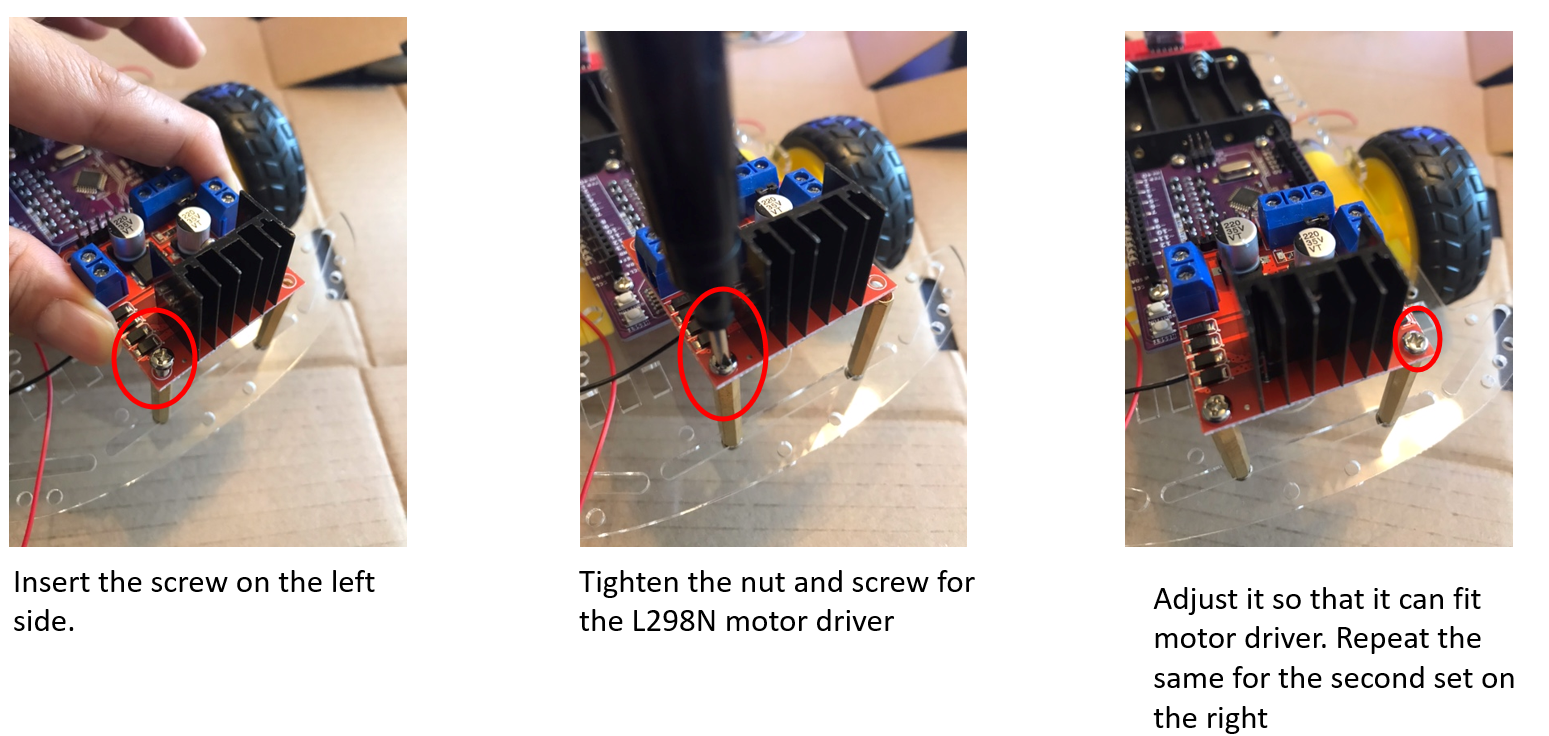 Fastening the L298N motor driver onto the chassis with a screw and nut